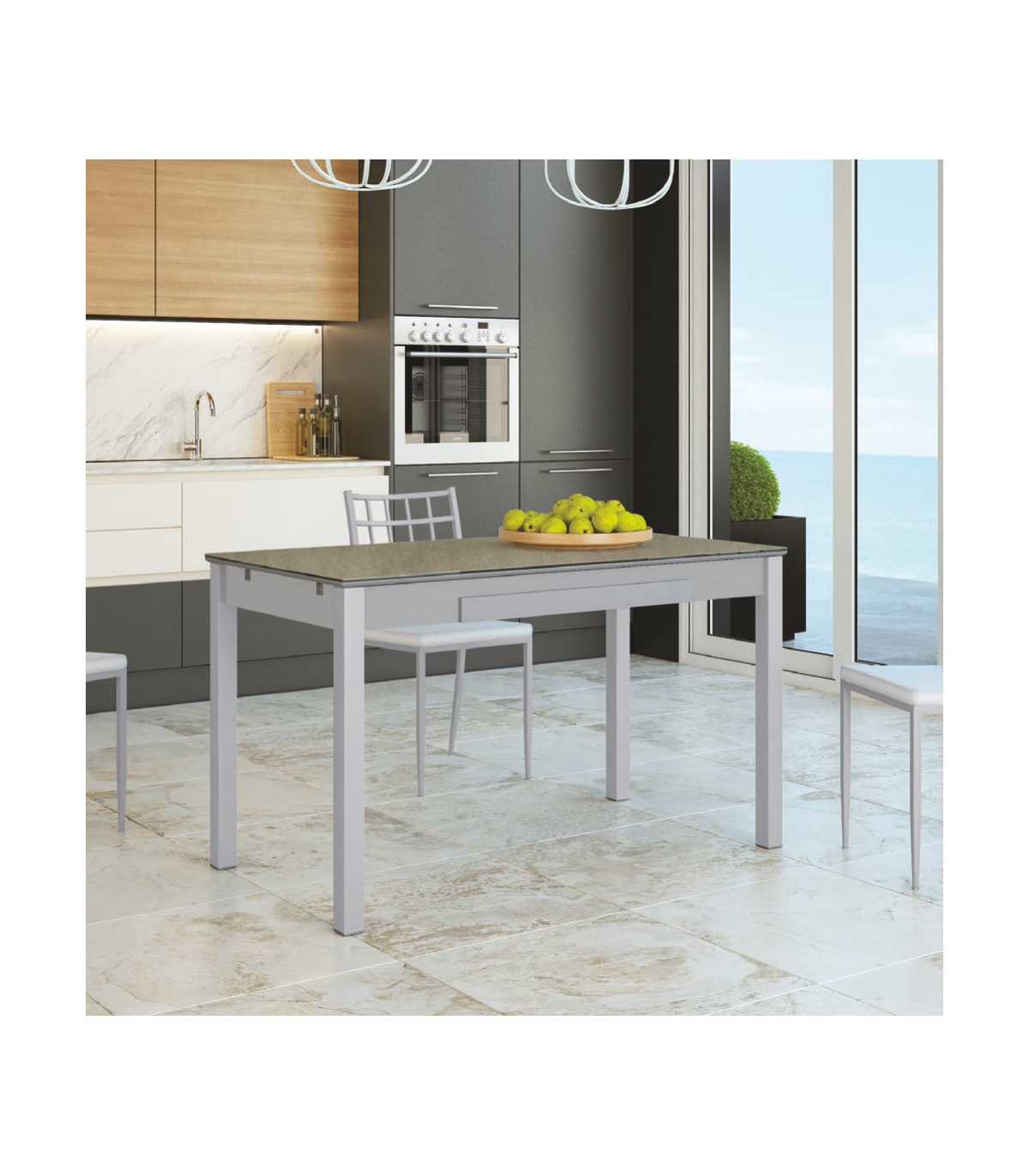 Mesa de cocina extensible Imeci Andria Cocina Medida Mesa 90x50 cm. Imeci  encimera Cristal sobre madera